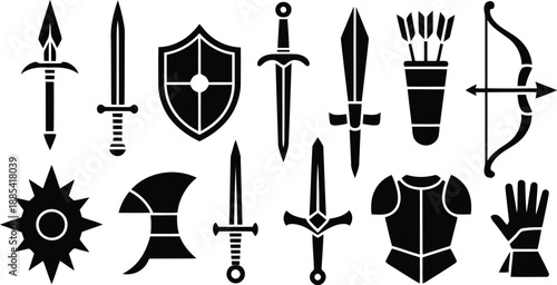 Assortment of black silhouette icons portraying various fantasy and medieval weaponry and armor elements