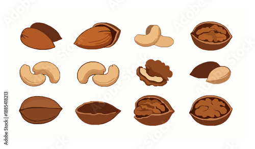 Dry Fruits and Nuts Silhouette Symbols Almond Cashew Walnut Vector Set