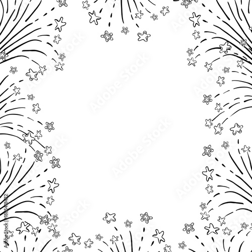 A square frame with a festive fireworks display. Sketch-style vector illustration for book design, coloring books, children's interiors, holiday cards, and events.