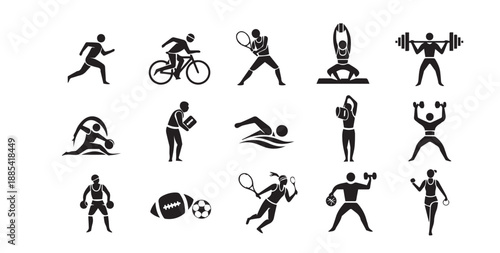 Sports Figures Icon Set, Athletic Activity Stick Man Silhouettes, Fitness and Workout Vector Symbols