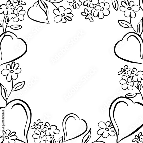 A square frame with hearts and flowers. Vector illustration in sketch style for decorating books, coloring books, children's interiors, Valentine's Day cards, and events.