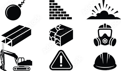 Black and white construction and safety icons illustrate various industrial processes and protective gear elements