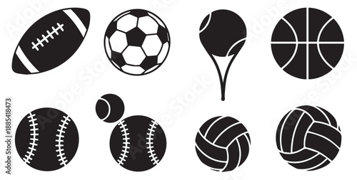 Sports Ball Icons Set - Soccer, Basketball, Football, Baseball, Tennis, and Volleyball Vector