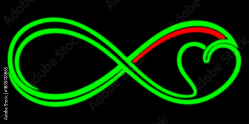 Vibrant Green Neon Infinity Symbol Vector Illustration Featuring a Creative Red Accent Line and Integrated Heart Shape on Dark Black Background for Eternal Love Branding and Modern Romantic Art Assets