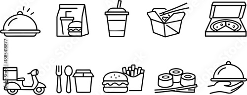 Set of black line icons representing food delivery and online ordering including scooter, takeaway bag, restaurant tray, grocery pack, payment card, map location, smartphone, and burger with drink. Mi