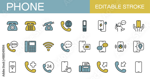 携帯電話や固定電話、FAX、電話をかけることに関するラインアイコンセット（線幅変更可能・カラー）