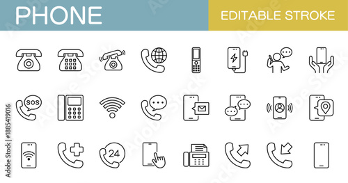 携帯電話や固定電話、FAX、電話をかけることに関するラインアイコンセット（線幅変更可能）