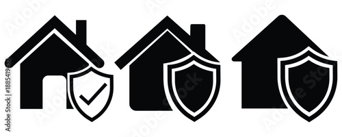 Secure Home Insurance and Residential Protection Icons Featuring Black House Silhouettes with Safety Shields and Checkmarks for Real Estate Security and Mortgage Coverage Concepts.