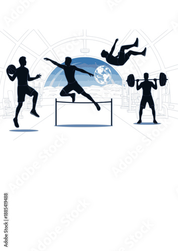 Low Gravity Sports Silhouette, Moon Base Lunar Gym Exercise, Future Space Tourism Fitness and Athletic Performance Vector Graphic