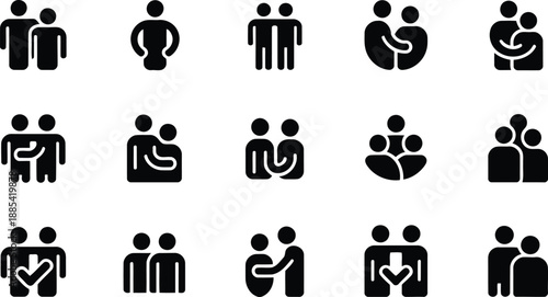 Black silhouette icons portraying human partnerships, mutual support, trust, and agreement between individuals