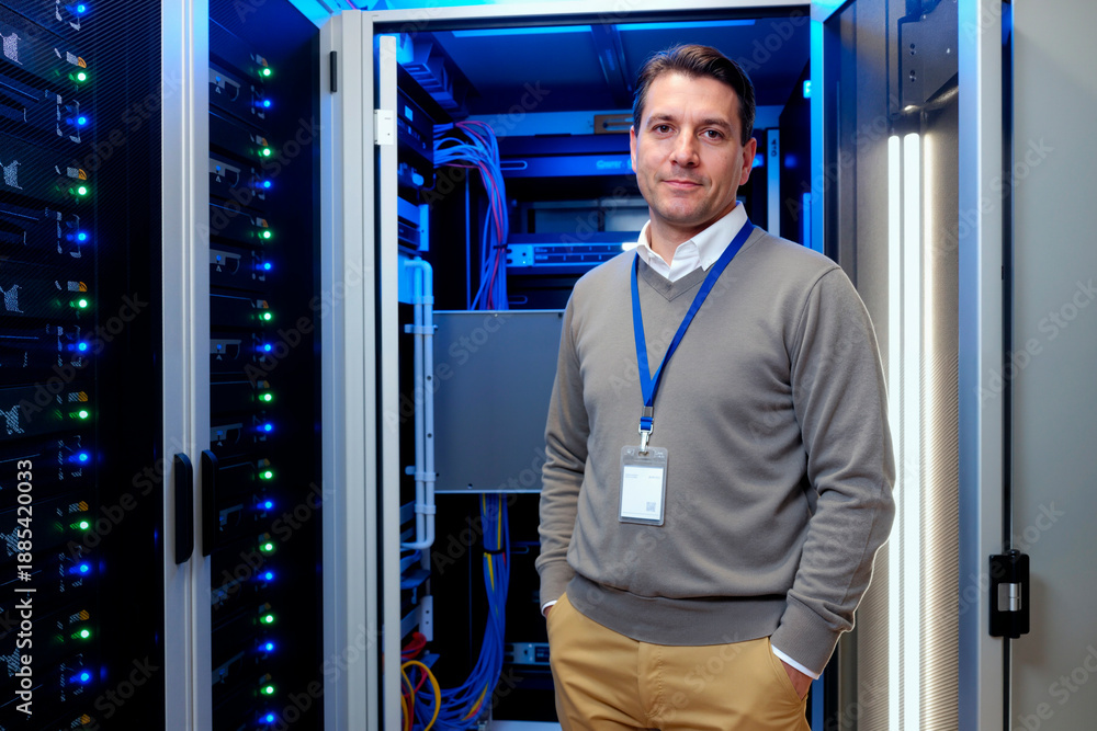 Fototapeta premium Portrait of middle aged Caucasian man standing in server room wearing identification badge, looking into camera with slight smile, surrounded by data center equipment and network cables