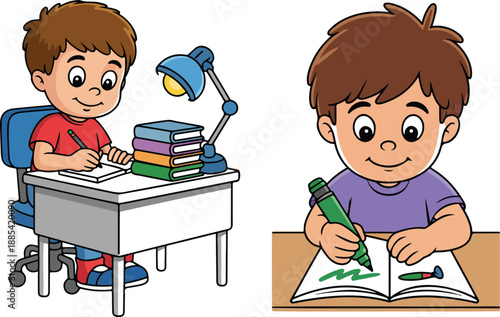 Young Boy Studying and Drawing  Diligent Study Desk Scene and Creative Crayon Artwork
