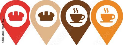 Food and Beverage Location Icons  Restaurant, Bakery, Coffee Shop, and Fast Drink Pins