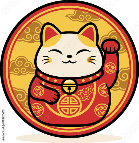 Lucky Cat Maneki Neko Chinese New Year Vector Illustration. in Chinese New Year theme. Flat cartoon style with red and gold traditional colors symbolizing luck, prosperity, wealth, and fortune.