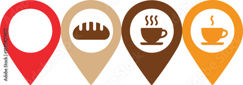 Food and Beverage Location Icons  Restaurant, Bakery, Coffee Shop, and Fast Drink Pins