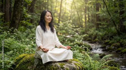 Woman meditating peacefully on a rock in a serene forest setting  