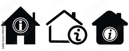 Collection of Real Estate Information Icons Featuring House Silhouettes and Information Symbols for Property Details, Mortgage Guidance, Home Buying FAQ, and Residential Data Support.