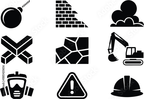 Black silhouette icons representing demolition, construction site hazards, and heavy machinery equipment