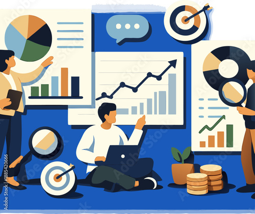 Data analytic concept with charts, graphs, and magnifying glasses being used by people. Suitable for presentations, websites, and marketing materials.