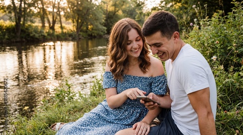 Young couple smiling while using smartphone by the river in summer  