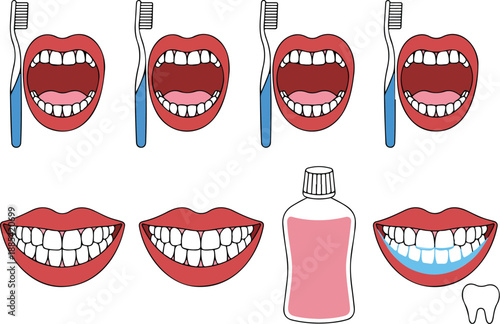 Oral Hygiene Steps  Toothbrush, Mouthwash, Clean Smile Flat Vector Set