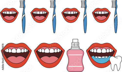 Oral Hygiene Steps  Toothbrush, Mouthwash, Clean Smile Flat Vector Set