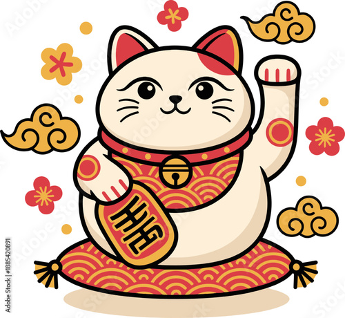 Lucky Cat Maneki Neko Chinese New Year Vector Illustration. in Chinese New Year theme. Flat cartoon style with red and gold traditional colors symbolizing luck, prosperity, wealth, and fortune.