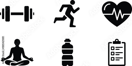 Clear black silhouette icons illustrating core components of a healthy and active lifestyle program
