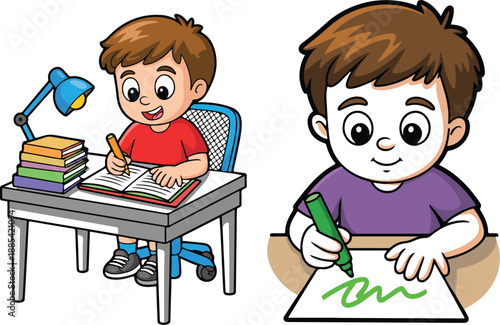 Young Boy Studying and Drawing  Diligent Study Desk Scene and Creative Crayon Artwork