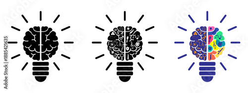 Idea concept vector illustration. lightbulb with brain various icons. representing innovation, creativity, and brainstorming in various style icon. Editable stroke.