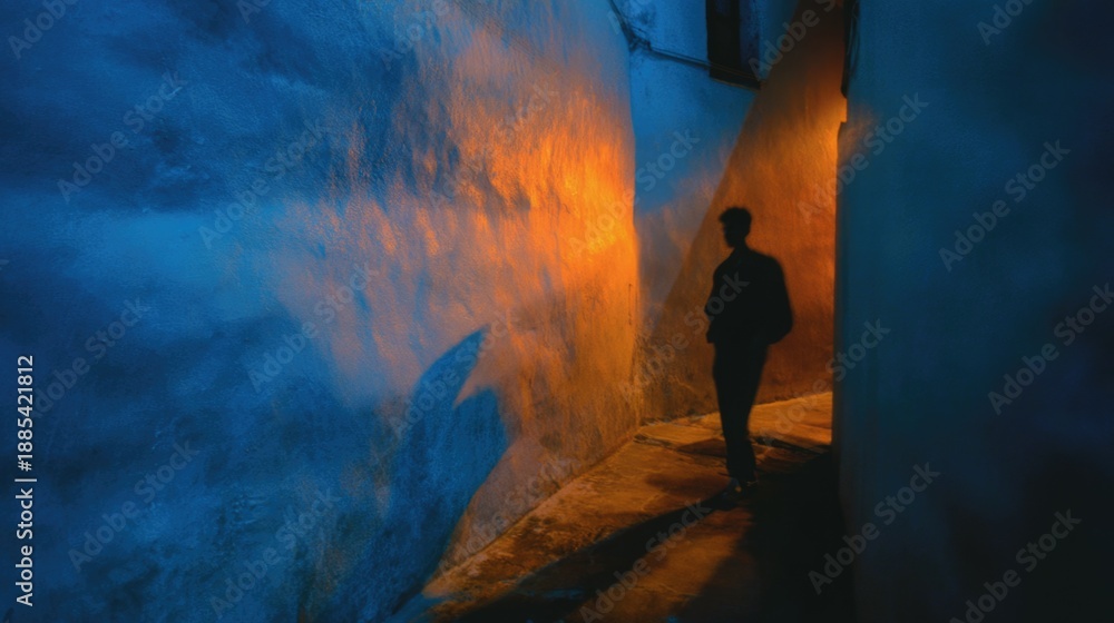 Fototapeta premium A faceless person walking through a narrow alleyway. Dynamic flow of a night run in the park. Speed, tension, and visual excitement.