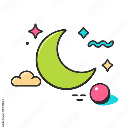 Green moon with stars, clouds, and orb. Abstract cosmic scene perfect for backgrounds, book covers, or fantasythemed designs.