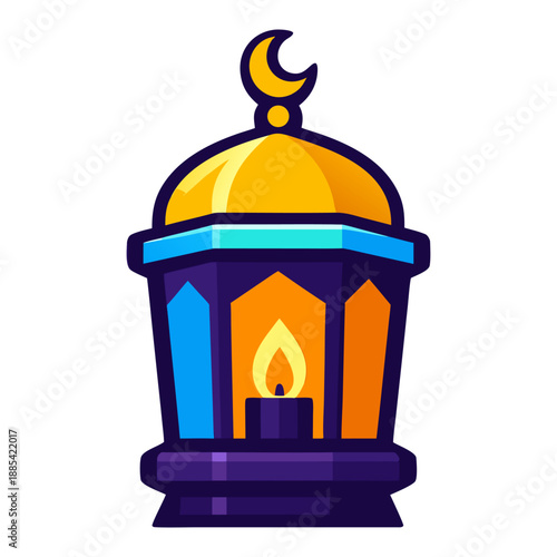 Decorative lantern in purple and gold hues showcasing a crescent moon motif, ideal for fantasy or ramadanrelated designs and concepts.