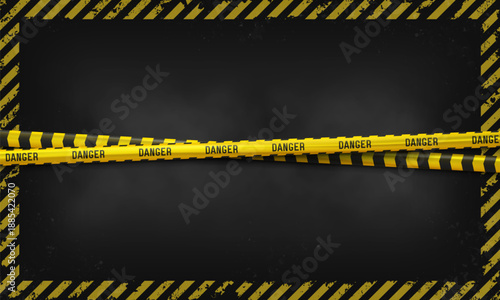 Danger tape background. Yellow and black warning barrier with caution stripes on dark smoky backdrop. Police line or hazard zone concept. Vector illustration.