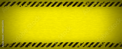 Industrial warning background with yellow and black stripes. Grunge caution tape frame on metal texture. Vector illustration.