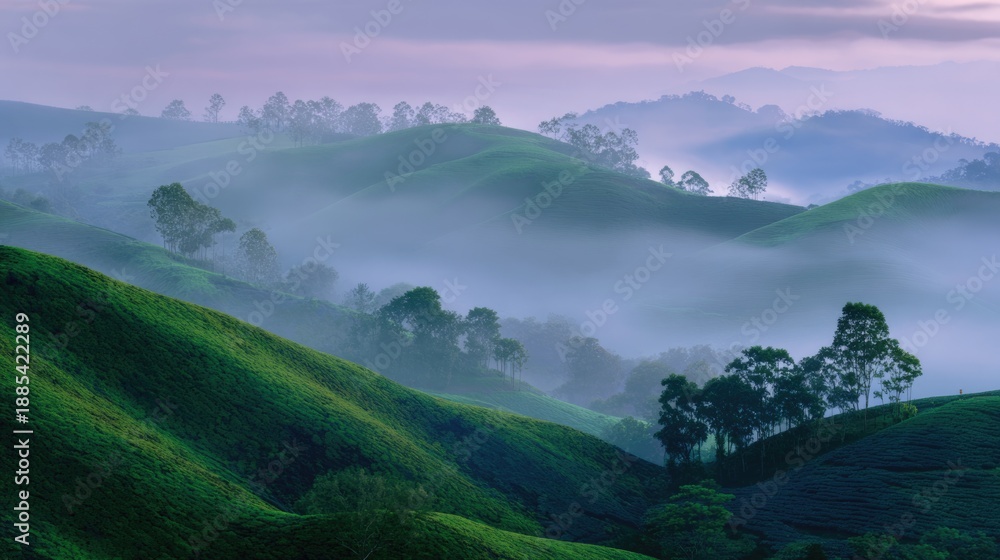 Obraz premium A peaceful plantation landscape appears with soft fog and gentle light. Slow living and rural calm.