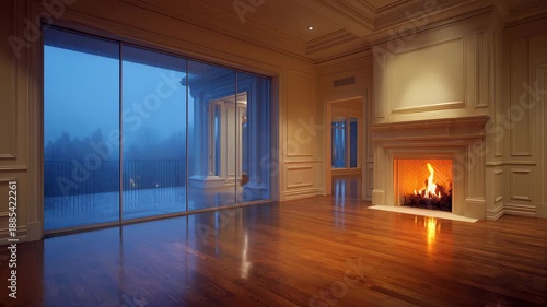 Luxurious spacious room interior with elegant fireplace and expansive glass windows overlooking a serene outdoor view, generative ai