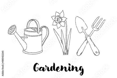 Gardening line art set with watering can, spring flower and hand tools illustration