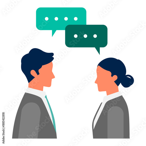 One on one business discussion and consultation between colleagues, face to face conversation, explanation and listening in everyday office communication scene