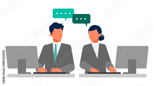 Business professionals talking and collaborating face to face, workplace communication and interaction improving productivity, workflow efficiency and knowledge sharing in modern office scene