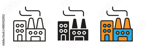 Industrial Factory Icon. Modern industrial factory building icon with smoke stacks, symbolizing manufacturing plant, heavy industrial production, and urban energy power station facilities.