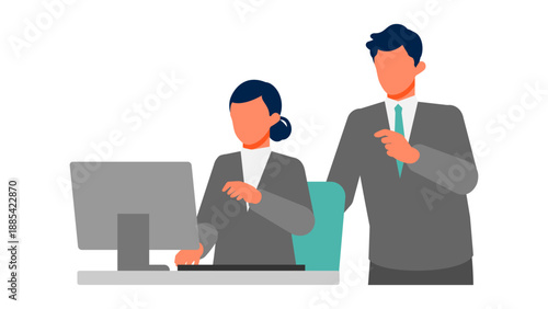 Business conversation with professional support led by male coworker, assisting tasks, coordinating workflow and improving productivity in office work