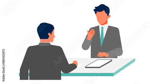 Business presentation and face to face discussion, professional explaining ideas with tablet during client meeting, improving communication and decision making