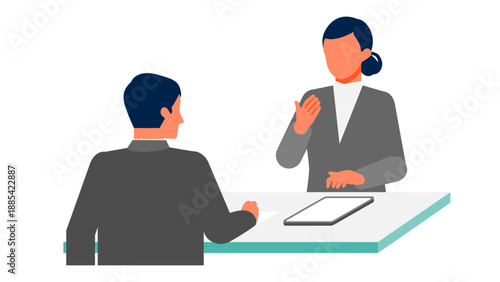 Professional woman explaining ideas face to face with tablet, business communication and presentation supporting collaboration and productivity in office work