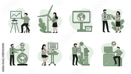 Flat vector illustration set with a sustainability business and ESG theme