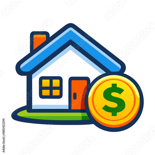 House and dollar coin for financial, investment, real estate designs. Perfect for budgeting, savings, property, and money themes.
