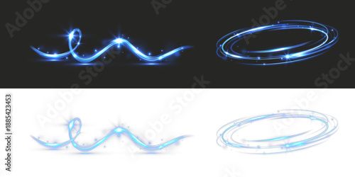 Abstract blue glowing light wave and ring with sparkles on dark background.