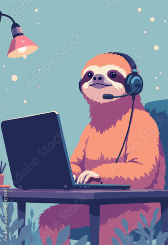 Flat Sloth wearing headset typing laptop Slow Internet or Customer Service humor