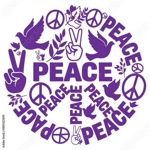 Purple Peace Symbols and Doves Illustration for Promoting Harmony and Unity