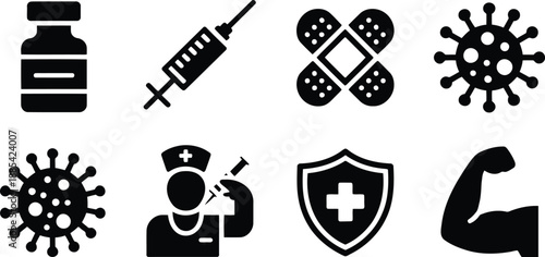 Collection of essential healthcare symbols for vaccination, illness, and medical assistance on white
